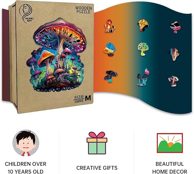 Wooden Jigsaw Puzzle for Adults,Magical Mushrooms Wood Puzzles 200 Piece,Thanksgiving Birthday Gifts Family Game,Unique Shape Puzzle Challenge 11 x 11 Inch