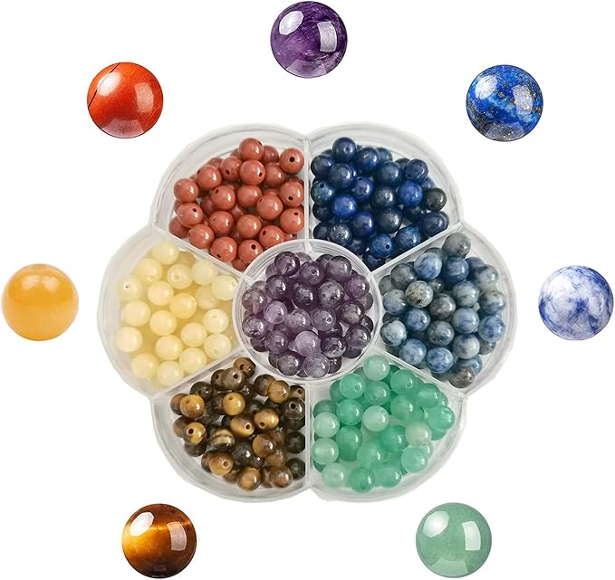 280pcs 6mm 7 Chakra Real Natural Round Stone Beads Smooth Crystals Loose Gemstone Multi Color Mixed DIY for Jewelry Making(6mm,7 Chakra Color