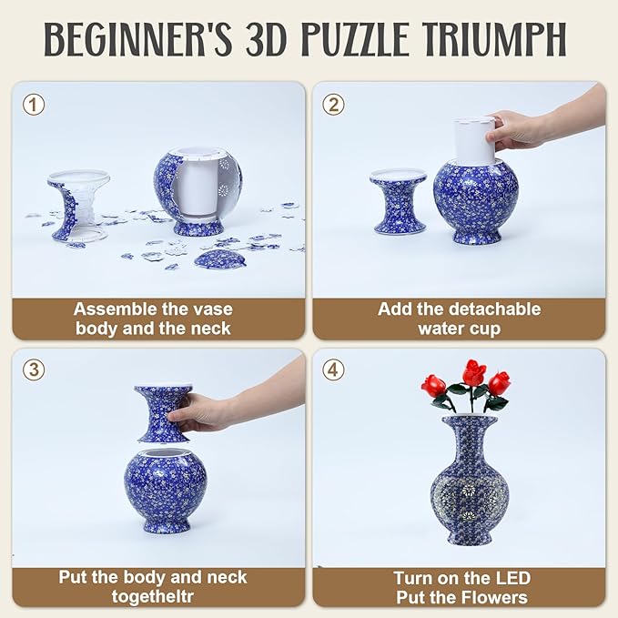 LED Flower Puzzle Vase for Adults, 200-Piece 3D Puzzle Vases for Home and Office Decor, Unique Flower Vase for Living Room & Bedroom, Creative Crafts for Adults