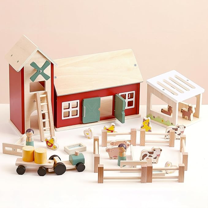 PairPear Wooden Barn & Tractor Farm Playset, 31 Piece Pretend Farm Animal Toy Set with Barn, Tractor & Trailer, Montessori Learning Gift for Toddlers Ages 3+