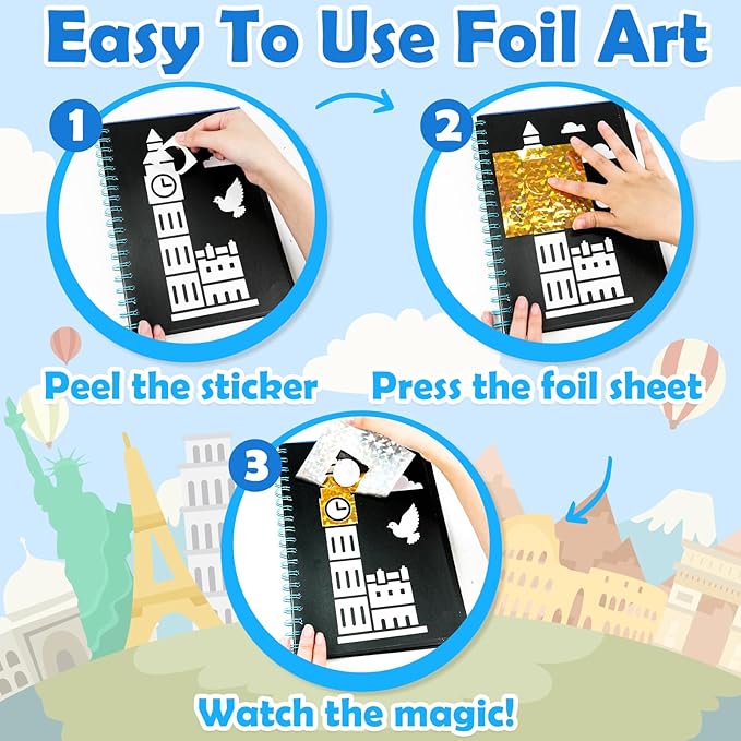 FUNNYB&G Foil Art Craft Activity for Kids - Gift for Girls Boys Crafts for Kids Fun Art Supplies DIY Creative Travel Toys, Birthday Gift Party Favor Toys for Girls 4 5 6 7 8 9 Years Old(Buildings)
