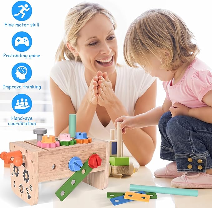 Wooden Tool Set for Kids, 38 PCS Pretend Play Construction Toys with Tool Box, Screws, Nuts, Montessori Learning Toy for Toddlers Ages 3 4 5 6 Years Old Boys Girls