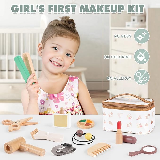 Montessori Makeup Kit - Toys for 2 Year Old Girls Birthday Gifts, Wooden Pretend Play Set for Toddler Girls 2-4 - Beauty & Hair Salon Toys, Christmas & Birthday Gifts for Kids 3-5
