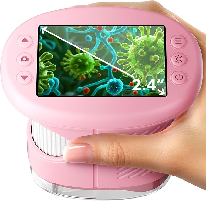 1000X Handheld Microscope for Kids, 4K 2.4" Screen Digital Kids Microscopes with 12 Slides, Portable Edu Toys Gifts for Age 3 4 5 6 7 8 9 10 11 12 Year Old Boys Girls Children Students(Pink)