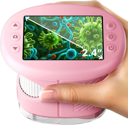 1000X Handheld Microscope for Kids, 4K 2.4" Screen Digital Kids Microscopes with 12 Slides, Portable Edu Toys Gifts for Age 3 4 5 6 7 8 9 10 11 12 Year Old Boys Girls Children Students(Pink)