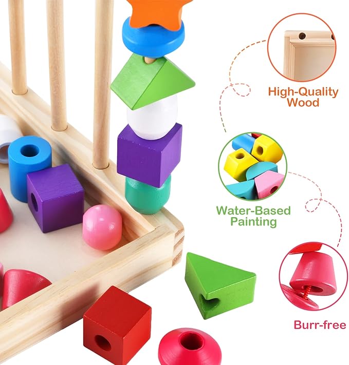 Montessori Bead Sequencing Set for Kids, Wooden Lacing Beads Toys for Toddlers, Matching Color Shape Stacker for 2 3 4 5 Years Old, Preschool Learning Educational Toys Gifts