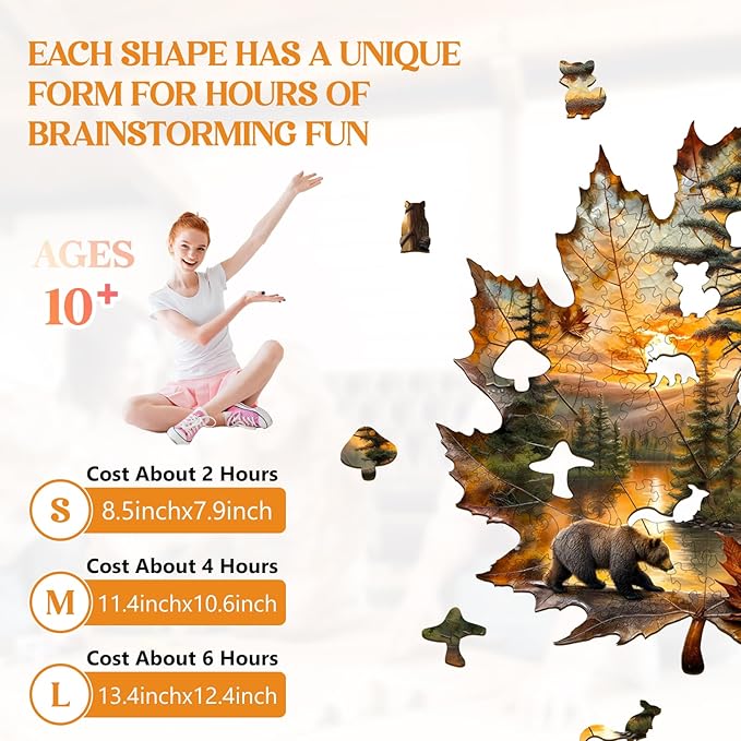 Wooden Puzzles for Adults, Wooden Jigsaw Puzzles for Adults, Brown Bear Autumn Maple Leaf Unique Shaped Wood Puzzles Adult, Creative Gifts for Friends Family Game, Home Decor (13.4 * 12.4in 220pcs)