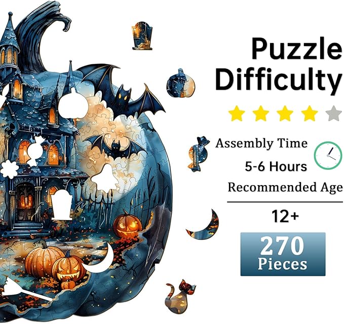 Jigfoxy Wooden Puzzles for Adults, Halloween Pumpkin Wood Puzzles Adult, Unique Animal Shape Wooden Jigsaw Puzzles for Adults, for Puzzle Lovers, Family (L-13.4 * 12.4in-270pcs)