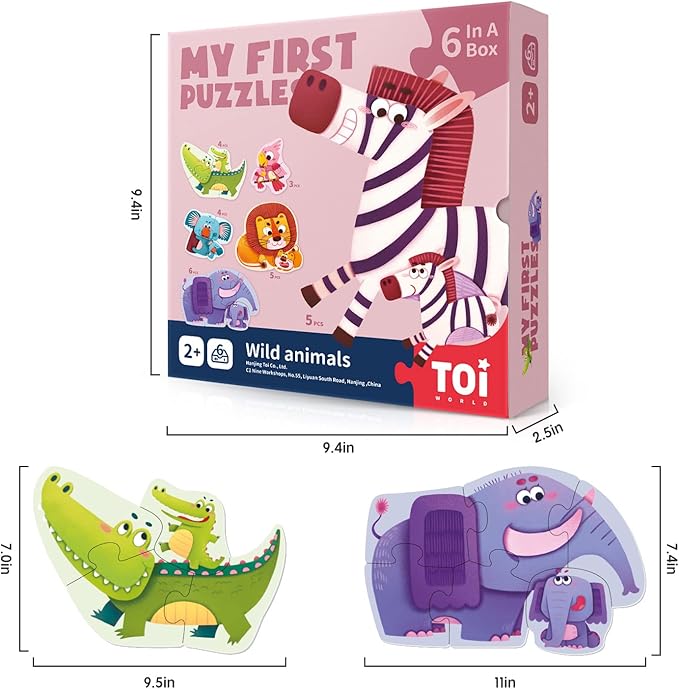 Toi 6 Packs Large Piece Toddler Jigsaw Puzzles for Kids Aged 2.5+, Animal Shaped Floor Puzzles for Beginner, Preschool Learning Game for Boys Girls, Wild Animals