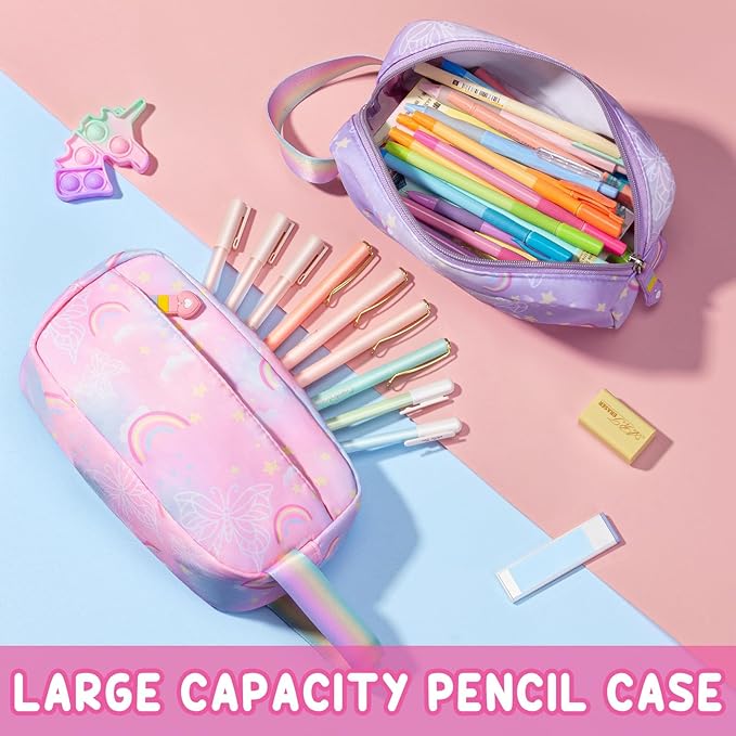 Fimibuke Kids Backpack for Girls, 3PCS Rainbow & Butterflies Teen Girls Backpack with Lunch Box Pencil Case, Cute Purple Bookbag School Bag for Kindergarten Elementary Middle School Student Ages 5+