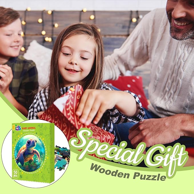 Christmas Birthday Gifts for Kids Girls Boys, Wooden Jigsaw Puzzles for Kids Ages 4-6, 50 Piece Unique Shape Animal Theme Puzzle - Preschool Learning Educational Toys for Kid (Sea Turtle)