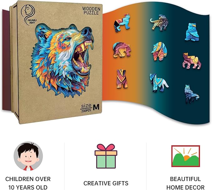 Wooden Puzzles for Adults,Bear Design Jigsaw Puzzles 200 Piece,Thanksgiving Birthday Gifts Family Game,Unique Shape Puzzle Challenge 11 x 11 Inch