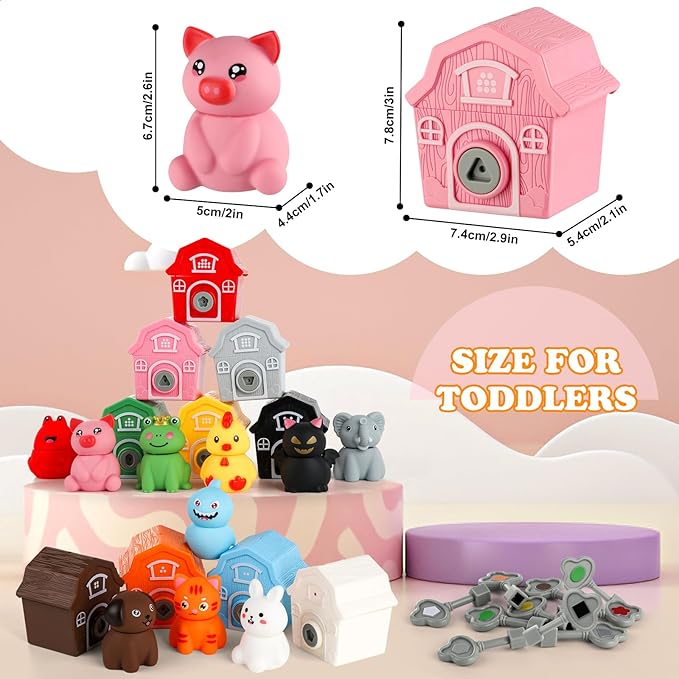 Toddler Learning Farm Barn Animals Toys - Includes 10 Animals, 10 Barns,10 Keys - Montessori Counting, Matching, Sorting - Educational Farm Animal Toys for Kids