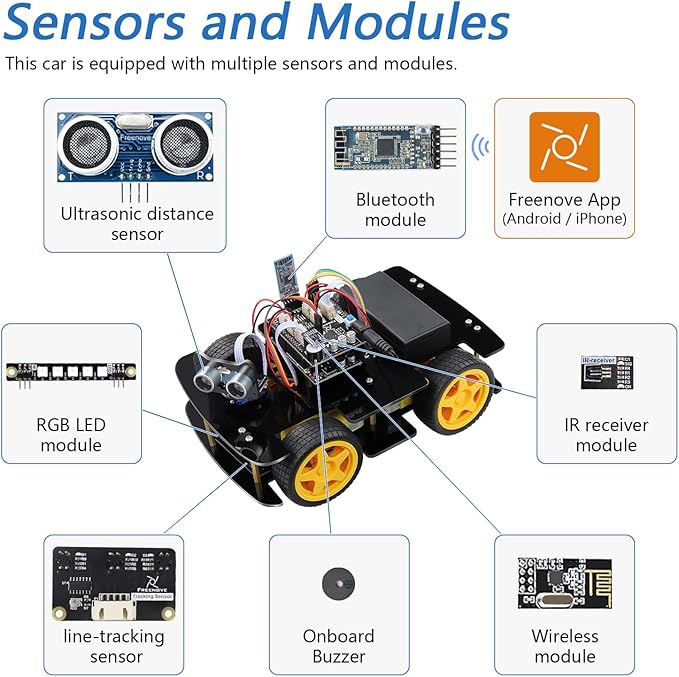 Freenove 4WD Car Kit with Remote (Compatible with Arduino IDE), Line Tracking, Obstacle Avoidance, Wireless Control App, Ultrasonic Sensor Motor Servo