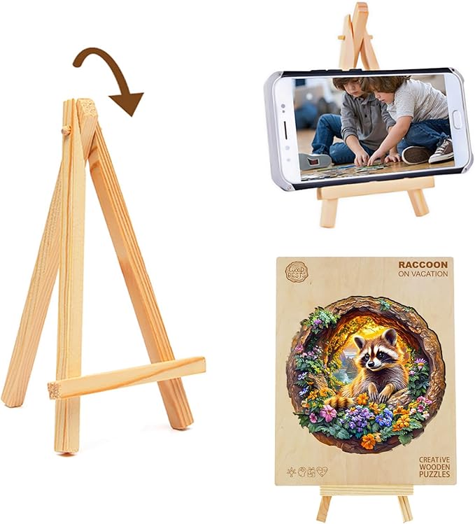 KAAYEE Wooden Puzzles for Adults, 3D Visual Effect Raccoon on Vacation Wooden Jigsaw Puzzle Unique Shape Wood Puzzle Adult, 3D Effect Flat Puzzle Birthday Family Game (M-11.4 * 11.3 in-200pcs)