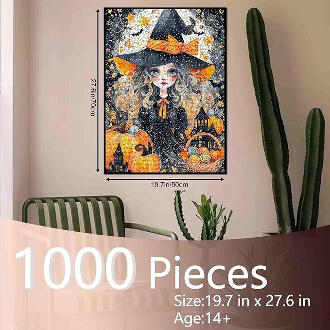 Halloween Puzzle 1000 Pieces for Adults Cute Witch with Pumpkins and Candy Whimsical Halloween Jigsaw Puzzle Spooky Cottagecore Aesthetic Fall Puzzles for Women Men Teens Challenging Puzzle Gift