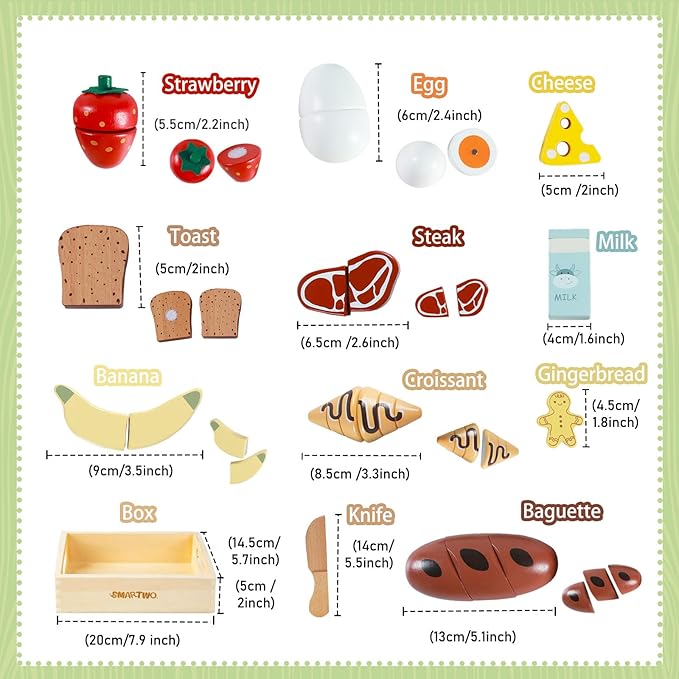 Wooden Bakery Toy Food Breakfast Set for Kids,Pretend Play Food Kitchen Accessories with Crates,Fake PlaySets Montessori Toys,Toddlers Cutting Food Gift for Boys and Girls Ages 3+