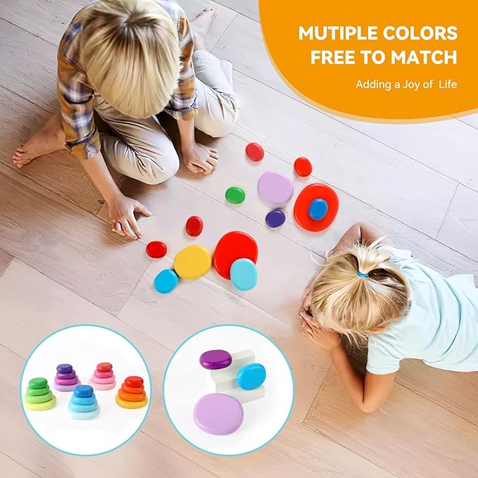 WODI Wooden Rainbow Stacking Stones 20Pcs Wood Sorting Balancing Rocks Blocks Montessori Educational Toys for Toddler Kids 3 Years Up Developing Skills
