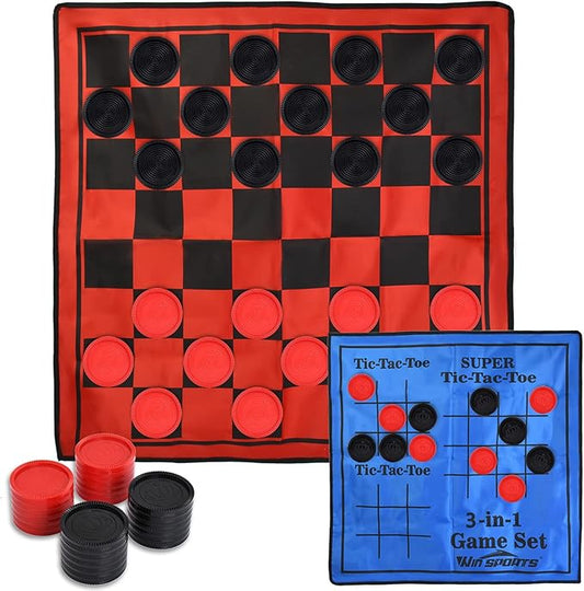 3 in 1 Giant Checkers Game Set,Super Tic Tac Toe,Including Reversible Rug with 24 Checkers,Indoor and Outdoor Activity for Kids or Adults,Board Game,Yard Game