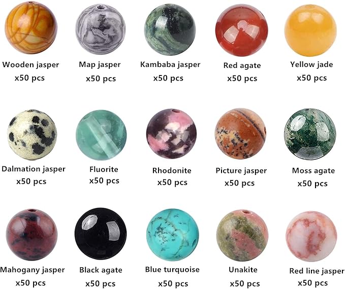 750pcs 6mm Real Natural Round Stone Beads Smooth Crystals Loose Gemstone Multi Color Mixed DIY for Jewelry Making(6mm,15 Color Mix-S1)