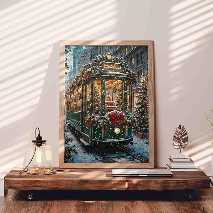 1000 Piece Jigsaw Puzzles for Adult Tram Ride with Xmas Trees Painting Jigsaw Puzzle 1000 Festive Christmas Puzzles 20''x27”inch Cityscape During New Year DIY Puzzle Art Wall Decor Family Challenging
