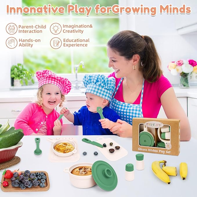 TYRY.HU Play Kitchen Accessories, 11Pcs Pretend Play Toys, BPA Free Silicone Play Kitchen Set, Pretend Play for Toddlers 1-3, Pretend Cooking Playset Cookware Utensils Gifts for Kids Girls Boys, Green