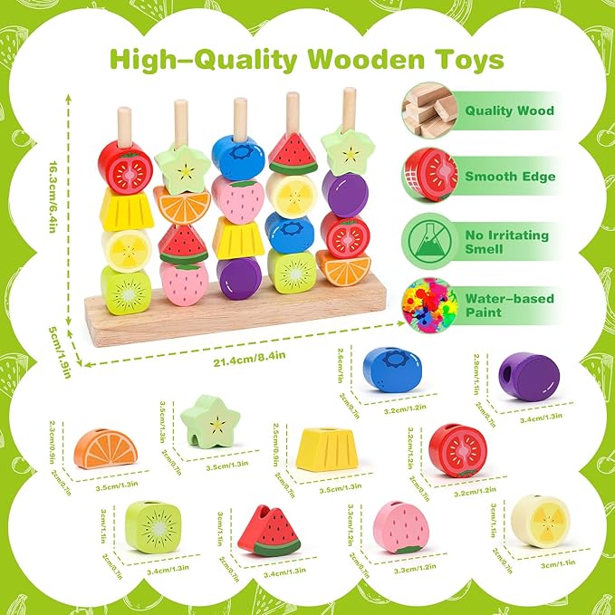Montessori Wooden Beads Mastery Kit: Fine Motor Skills Builder for Toddlers 2-5 Stacking Blocks Lacing Beads Travel Learning Toys STEM Gifts for 2 3 4 5 Year Old Boys Girls Toys for Ages 2-4