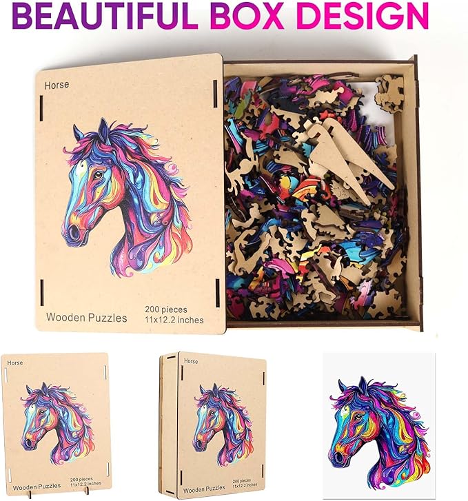 Wooden Jigsaw Puzzle, 200 Pcs Unique 3D Shape Jigsaw Puzzles, Wood Puzzle Gift Box Packing, Medium Size Letter, Creative Gift for Adults and Kids, Fun Challenging (EA4Horse, 200PCS)