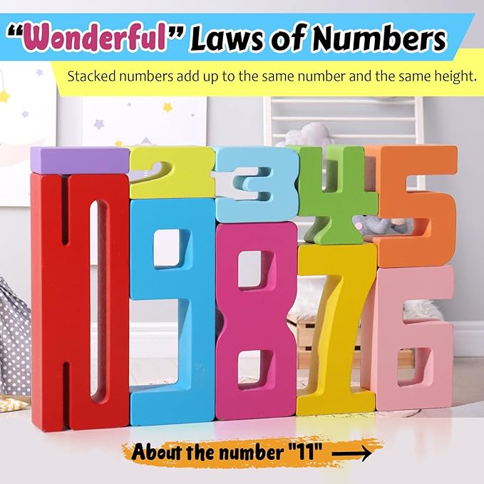 BESTAMTOY 20PCS Montessori Inspired Wooden Number Building Blocks-Wooden Blocks for 3+ Years Old Kids 1-10 Number Game Balance Competition Toy – Unlock Your Kids Potential