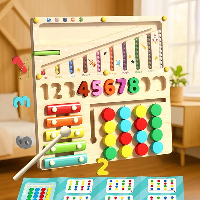 Montessori Learning Toys Busy Board Sensory Toys for Autistic Children, 4-in-1 Wooden Toy with Magnetic Color Number Maze, Xylophone, Sliding Puzzle & Number Match for Kids Ages 3+