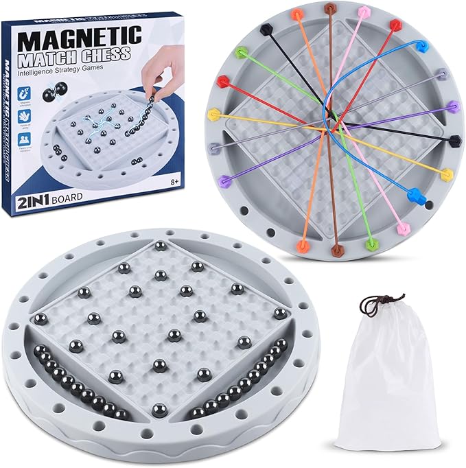 2 in 1 Board Games, Magnetic Chess & Rope Untangling Puzzle Game, Travel, Family Games for Kids and Adults, 40 Pcs Stones, Brainy Knots, Multi-Challenges for Age 8+, Educational Strategy, 2-4 Players