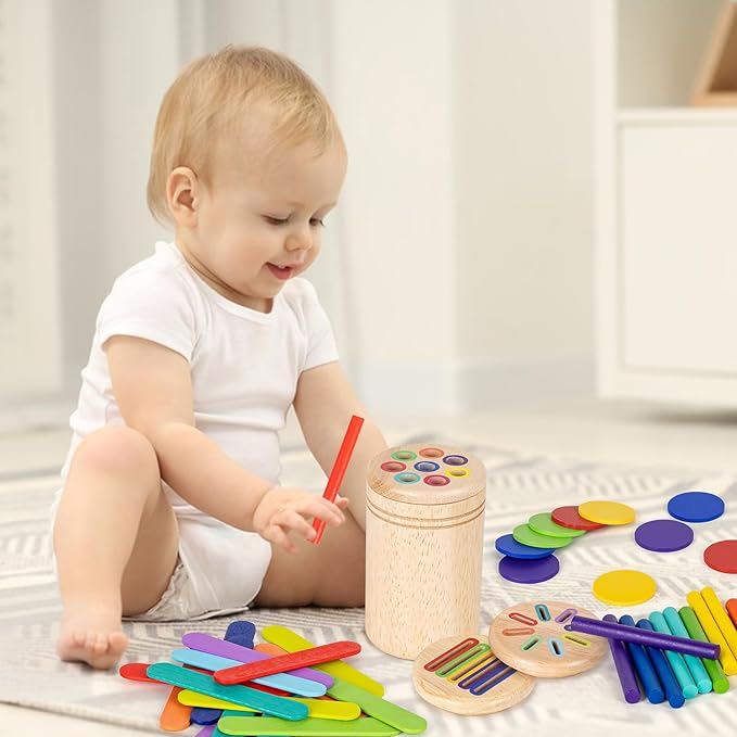 Montessori Toys for 3 4 5 Year Old, 3 in 1 Wooden Color Sorting Toys, Preschool Learning Activities Fine Motor Skills Sensory Toys for Toddlers
