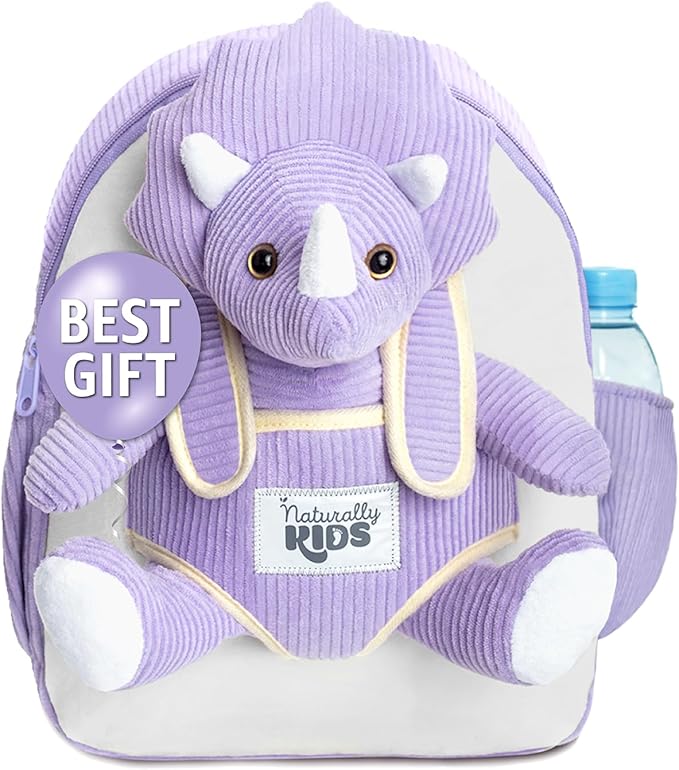 Naturally KIDS Purple Dinosaur Backpack for Girls 4-5, Triceratops Backpack, Dinosaur Gifts for 4-5 Year Old Girls