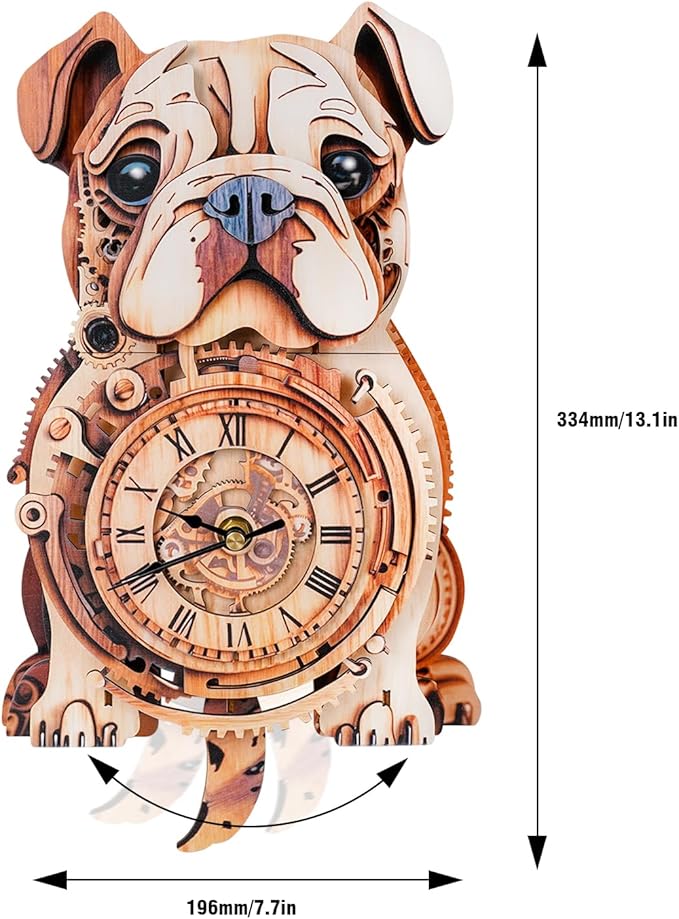 3D Wooden Puzzles for Adults Bulldog Clock - Model Building Kit ‌‌Wall Clock Puzzle Creative Craft Gift Home Deco for DIY Enthusiasts, Brain Teaser Building Set Birthday Gifts