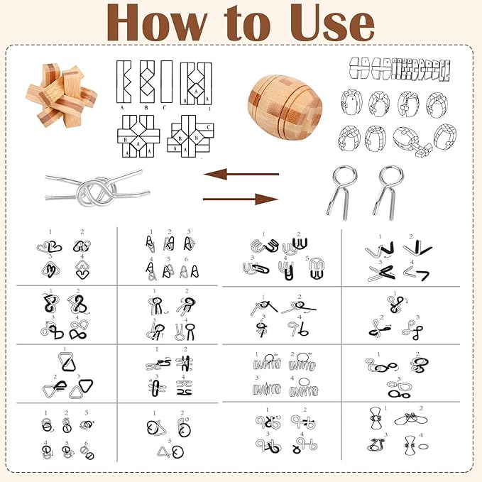 25 Pcs Wooden Brain Teaser Puzzles Metal Wire Puzzle Set, 3D Unlock Interlock Game IQ Test Toy Mind Game Toys Brain Teaser Toy Puzzle for Adults