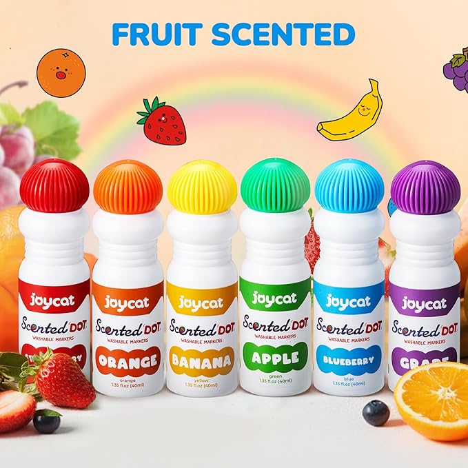 Joycat Vibrant Fruit-Scented Washable Dot Marker for Kid - 6 Color with Carry Handle, scented chart & 123 PDF Free Pages, Non-Toxic & Safe,Bingo Dauber Marker for Toddler 1-3, Art and Craft Kit Supply