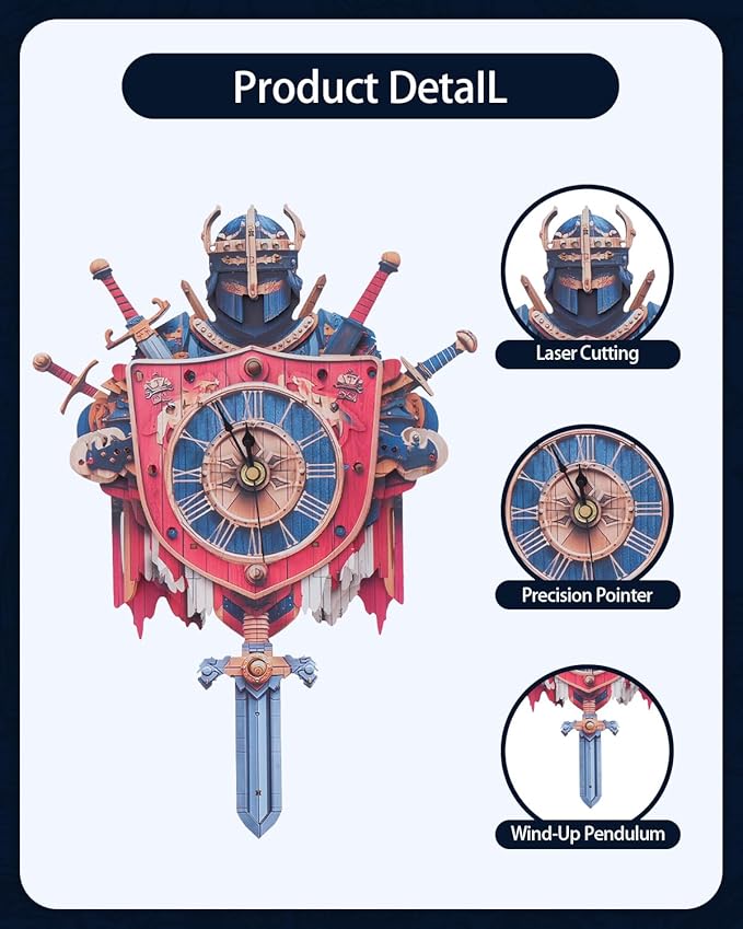 3D Wooden Puzzles for Adults, Knight Clock with Pendulum Model Kit, 3D Puzzles for Adults Room Home Decor DIY Wall Clock Kit, Holiday Birthday Christmas Day for Men Women Teens