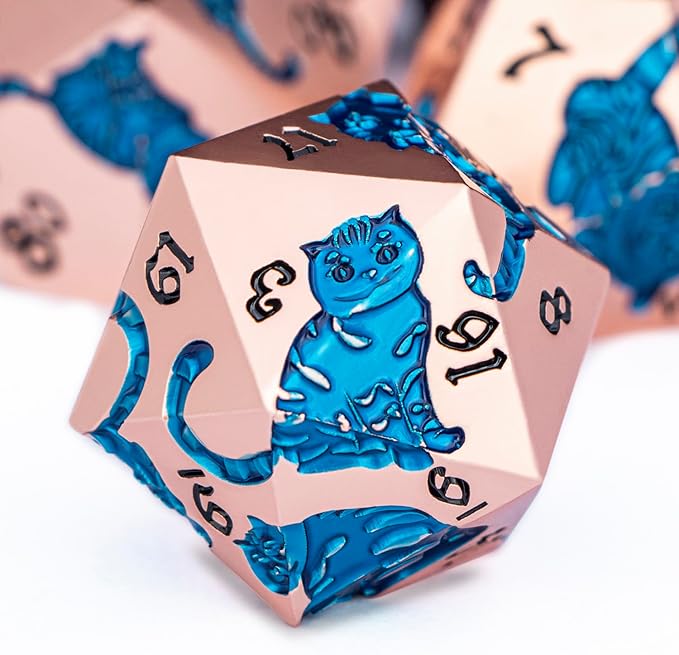 Metal DND Cat Dice 7PCS Polyhedral RPG Dice Set with Gift Case for Dungeons Dragons Role Playing Game, D and D Dice D6 D8 D10 D12 D20 D% (Copper Blue)