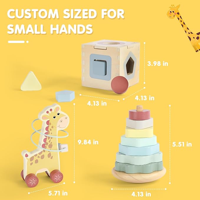FReniland Montessori Toys for 1 Year Old，3-in-1 Wooden Baby Toys，Wooden Stacking Toy，Toddler Shape Sorting Cube, Giraffe Ring Toy,Newborn Baby Gift Sets for Boys and Girls