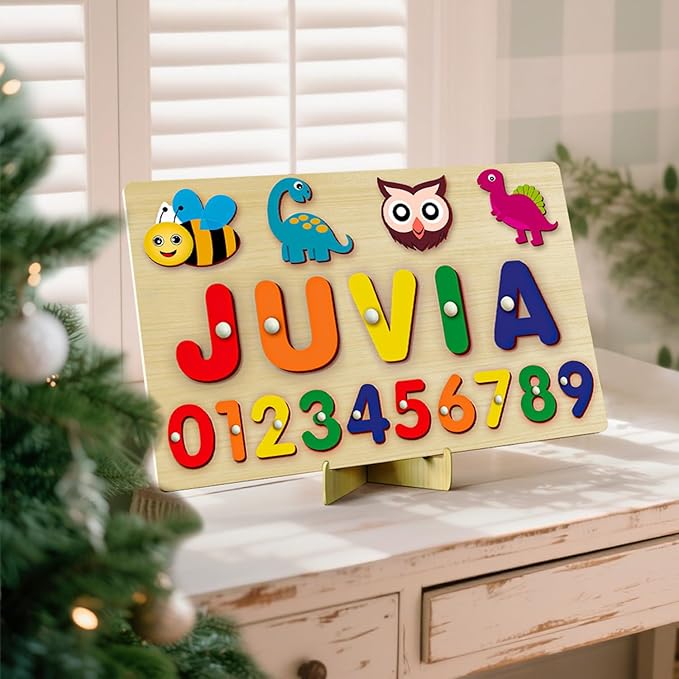 Custom Name Puzzles for Toddlers 1-3 - Name Puzzle for Kids, Personalized Wooden Animal Puzzle, Baby Gifts, Baby Shower, Christmas, Newbaby Gift, Gifts for 1 2 3 Years Old (Animal-number-01)