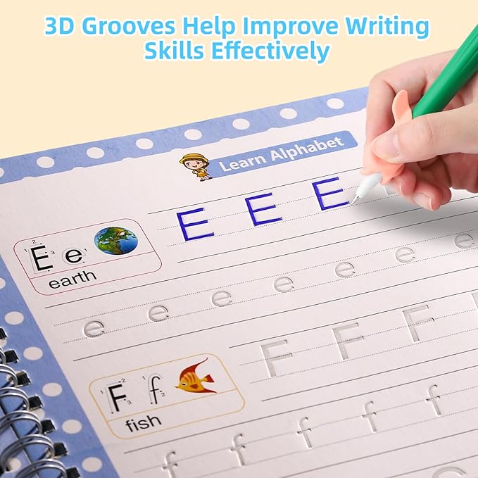 Complete Handwriting Practice for Kids, Grooved Writing Book Magic Copybook, Reusable Writing Practice Calligraphy Workbook, Kindergarten Preschool Learning Activities(Set of 5 books)