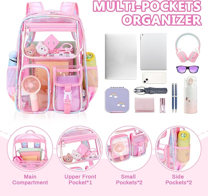 Clear Backpack for School,Heavy Duty PVC Transparent Bookbag for Girls Stadium Approved See Through Backpack