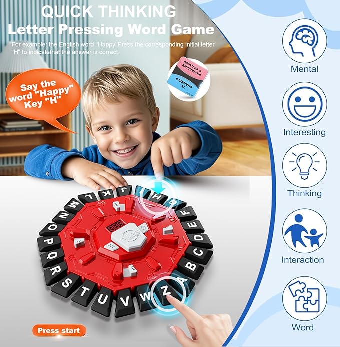 Word Game Family Board Games for Kids & Adults with 2 Modes,220 Topic Categories 24 Letters Pressing Games,Fun Fast-Paced Learning Game,35 Cards,LCD Display Timer,Christmas & Birthday Gifts,Red