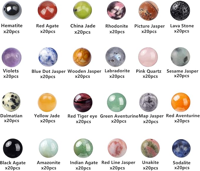 480pcs Natural Round Stone Beads Genuine Real Stones Beading Loose Gemstone DIY for Bracelet Necklace Earrings Jewelry Making (8mm, 24 Color)