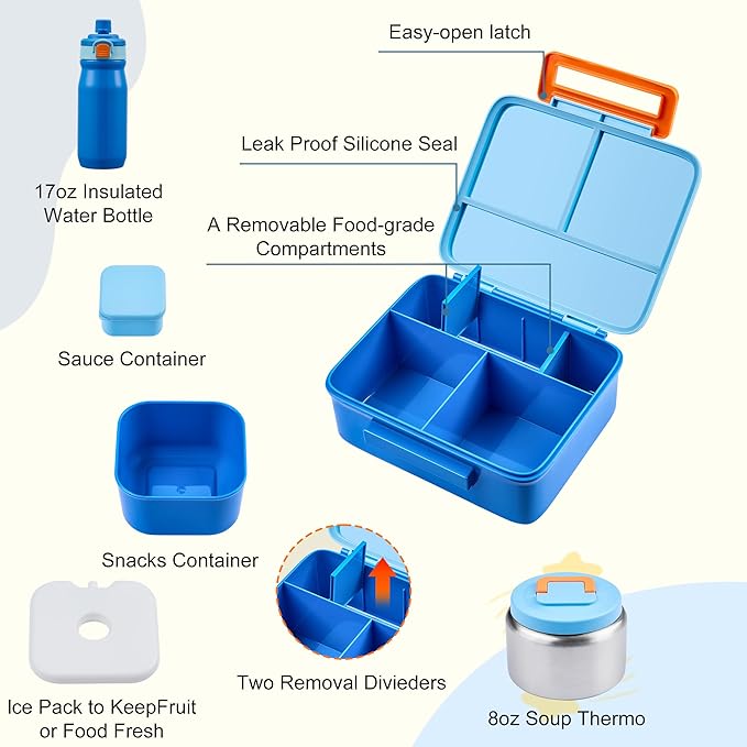 MAISON HUIS Kids Bento Box Set - Includes 8oz Soup Thermo, Insulated Lunch Bag & 17oz Stainless Steel Water Bottle, 5-Compartment Bento Box with Built-In Ice Pack, Leak-Proof & BPA-Free(Blue)