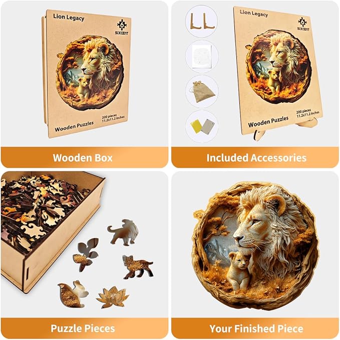 Wooden Jigsaw Puzzle, 200-500 Pieces Unique Shape Animal Puzzle, for Adults & Kids, Birthday Gift Family Game, Decorative Puzzle, Unique Gift (Lion Legacy, 200 PCS)