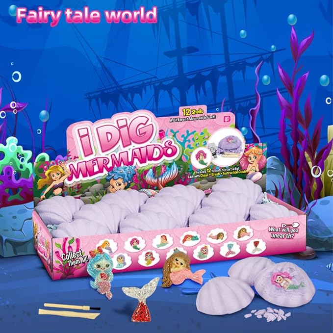 12-Pack Mermaid Discovery Set for Kids - Exciting Seashell Digging Adventure - Educational Princess Collection of Mystical Sea Life