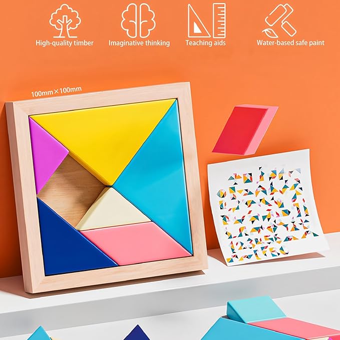 4 Pack Wooden Blocks Puzzles, Russian Blocks, Hexagon Puzzles, Tangrams Puzzles, Board Tic Tac Toe Game, Brain Teasers Toy Logic Game, Montessori STEM Educational Toys Present for Kids and Adults