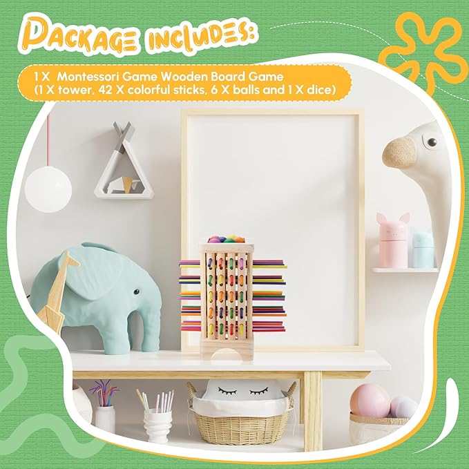 Montessori Game with Colorful Wooden Sticks Tower Dice Ball Wooden Board Games Fine Motor Skills Counting Math Educational Toys for Family Travel(Square)
