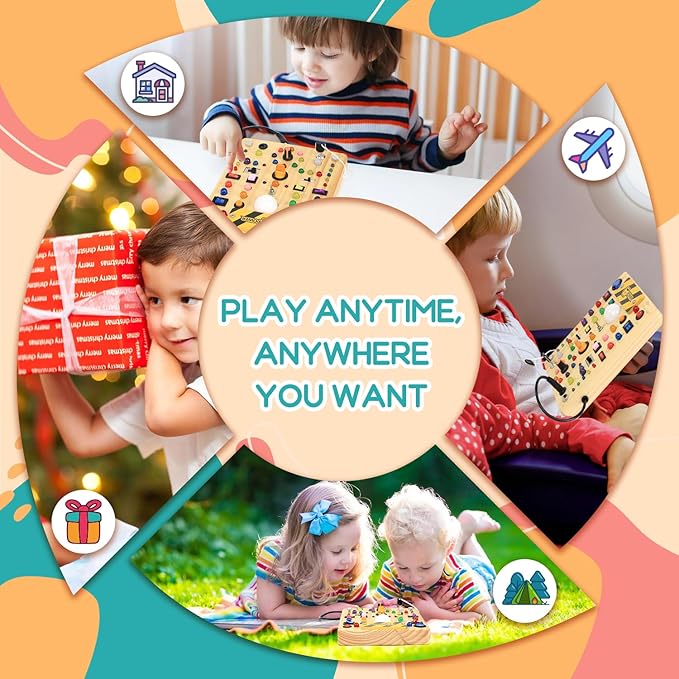RichBoy Busy Board for 1-3 Year Old, 59 in 1 LED Light Up Wooden Sensory Montessori Switch Board Toy for Toddlers Travel Gift (7.8" x 6.5")